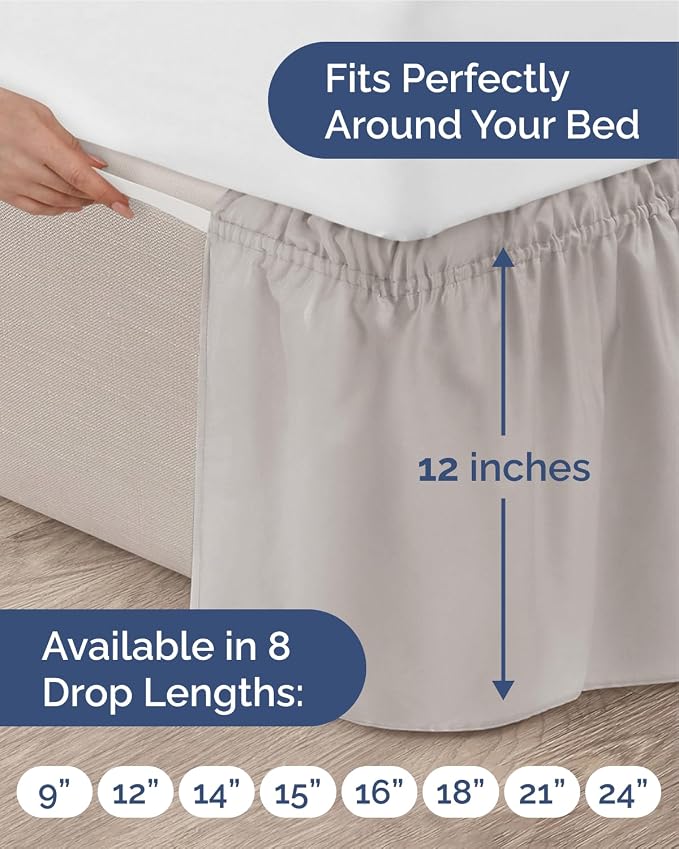 Wrap Around Dust Ruffle Bed Skirt - College Dorm Room - Twin/Twin XL | French Grey, 12 Inch Drop, Elastic Strap & Adjustable Pleated Bedskirt, Wrinkle Free, for Women, Men, Students, Kids & Teens
