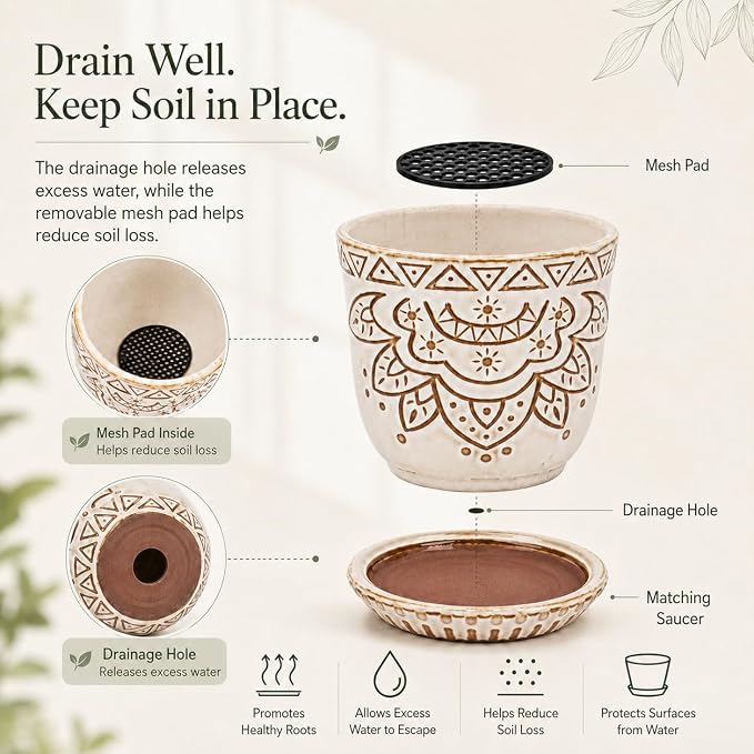 Gepege Ceramic Succulent Pots, 4 Inch Small Plant Pots with Drainage | Ceramic succulent pots with drainage holes, ceramic saucers and mesh pads, set of 4, ideal for cactus and succulents