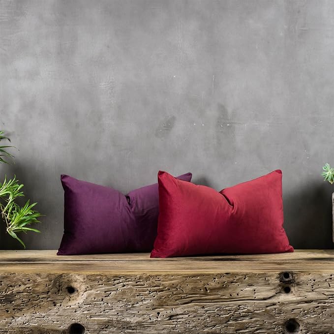 Eggplant Purple Decorative Lumbar Velvet Throw Pillow Covers 12x20 inch Set of 2 with Zipper Luxury Soft Solid Rectangle Cushion Covers Case for Sofa Couch Bed Living Room