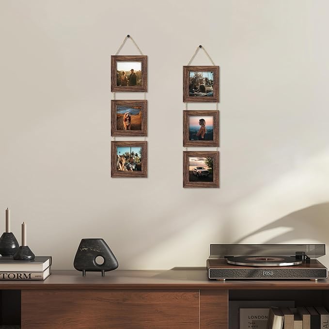 4x4 Collage Picture Frames Set of 2, Rustic Wooden Real Glass Vertical Hanging 3 Opening 4 by 4 Photo Frame, Distressed Brown
