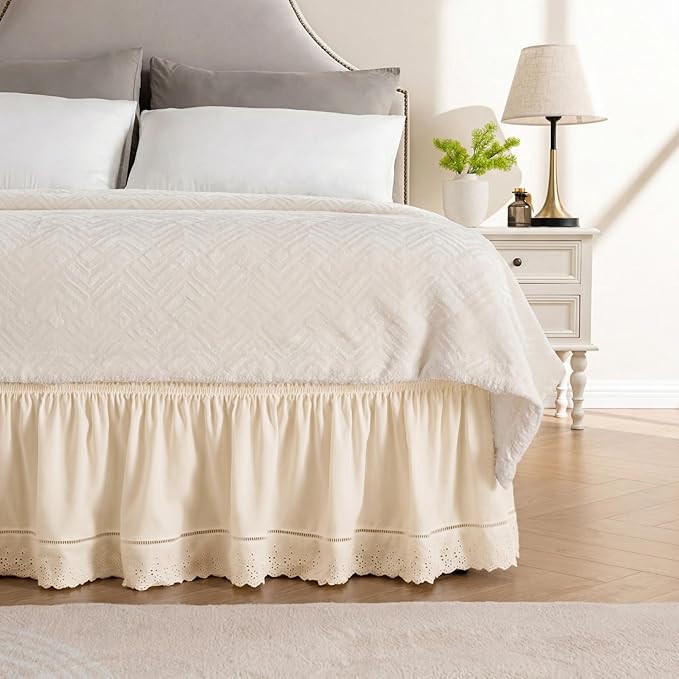 MIYE Wrap Around Ruffled Lace Bed Skirt, Elastic Dust Ruffle with Adjustable Belts, Easy to Put On, Bed Frame Cover, Machine Washable (Embroidered/Light Beige, King/Queen-18 Drop)