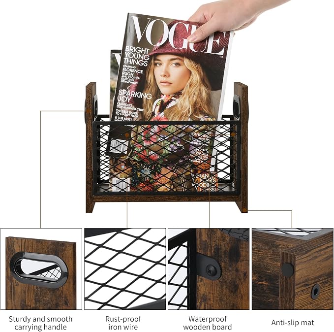 YINMIT Magazine Holder, Small Magazine Rack Floor or Desktop Storage Basket | Wood and Metal Construction, Retro Book Organizer, Compact Magazine File Holder for Desktop, Living Room, Office