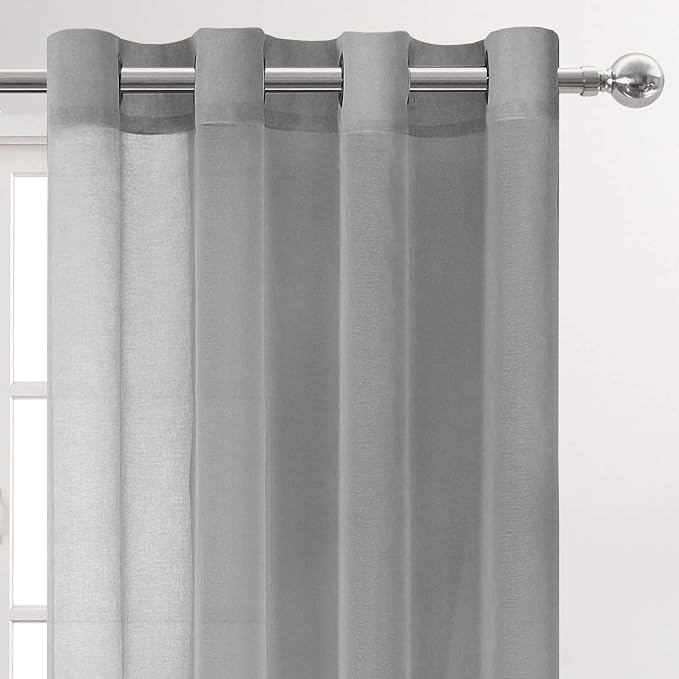 DWCN Sheer Curtains, Grommet Top Grey Faux Linen Look Voile Semi Transparent Solid Window Sheer Curtains Drapes for Bedroom Living Room, Set of 2 Panels 52 x 36 Inch Long, Grey