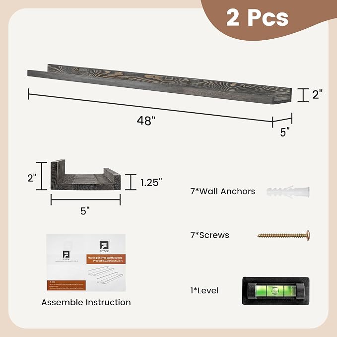 FLYJOE 48 Inches Long Floating Shelves for Wall, Solid Pine Wood Picture Ledge Shelves, Wall Shelves with Lips, Nursery Book Shelves for Toys Storage Living Room Bedroom Photo Frames (2 Pcs, Grey)