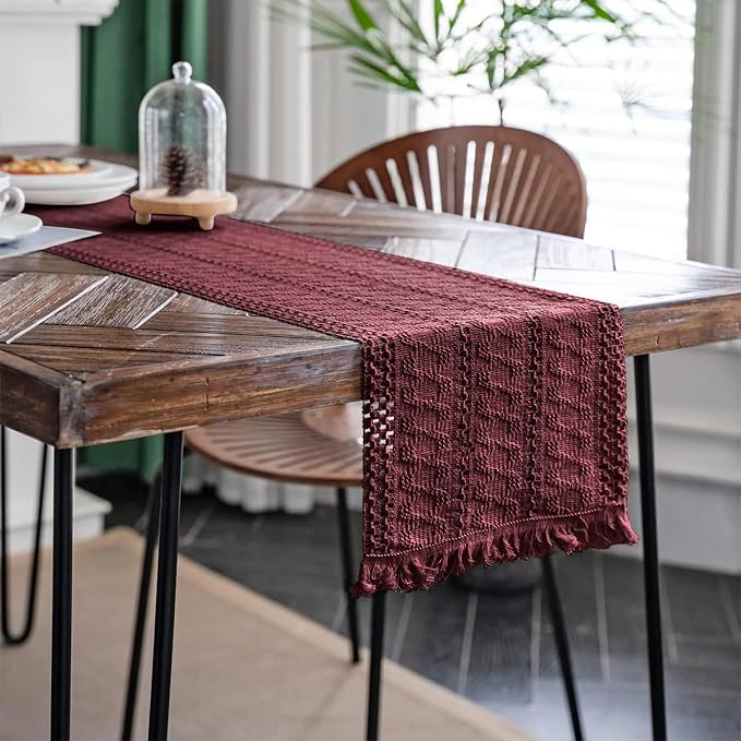 Macrame Table Runner Burgundy Boho Table Runners with Tassels 12x108in | Alynsehom Hand Woven Cotton Table Runner Rustic Farmhouse Table Runners for Bohemian Kitchen Dining Table