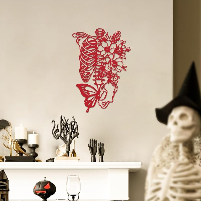 Rajukit Skull & Butterfly Wall Art, Gothic (Red) | 3D metal skeleton with flowers, red finish; waterproof; bedroom, gothic room, patio; halloween/goth; gift for women