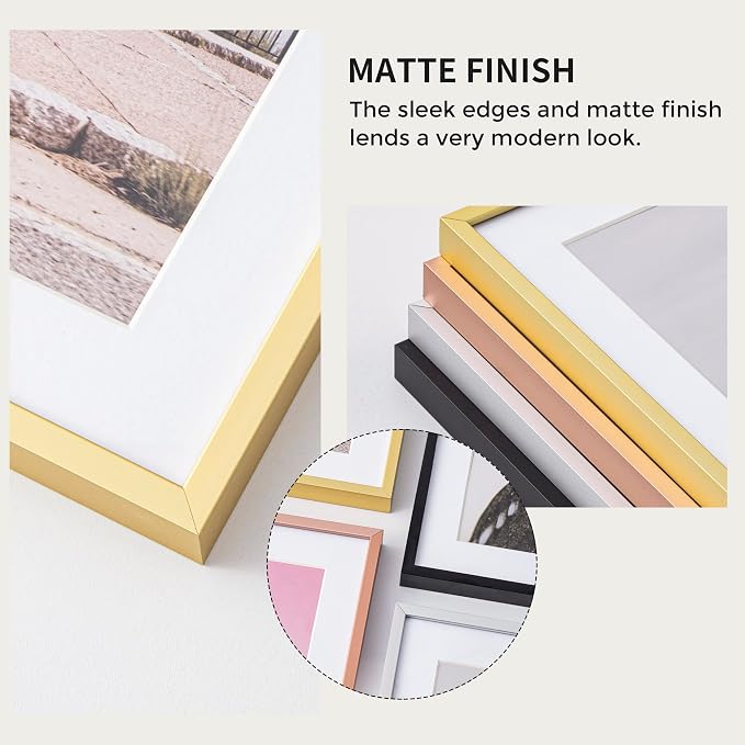 12x12 Metal Picture Frame with 8x8 Mat, Brushed Aluminum Finish, Attached Hanging Hardware, and Tempered Glass Front - Versatile Vertical or Horizontal Wall Display Frames Set of 1 - Gold