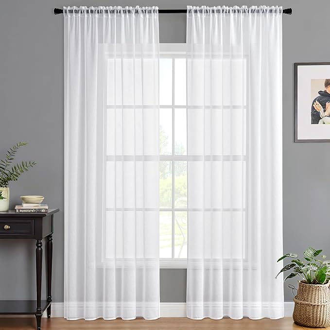 MIULEE Semi White Linen Textured Sheer Curtains 54W×96L Rod Pocket 2 Panels | Semi Transparent, Farmhouse, Window Net Panels with Rod Pocket for Bedroom Living Room