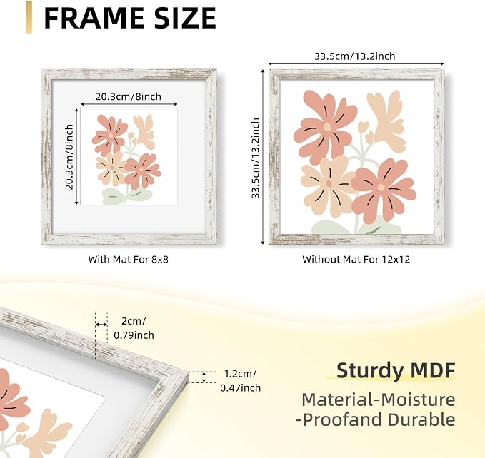 YESKAY 12x12 Picture Frame Set of 9, Photo Gallery Wall Frame Set, Display Pictures 8x8 with Mat or 12 x 12 Without Mat, Square Frame Picture Frames Collage Wall Decor, Distressed White