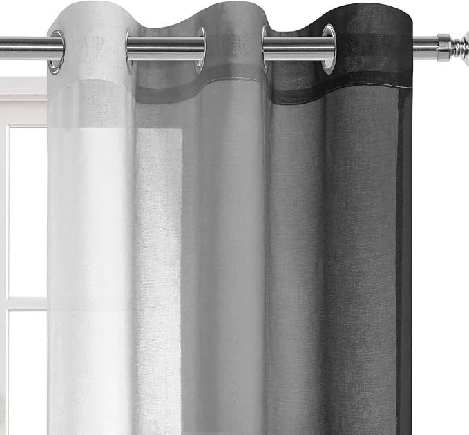 DWCN Black Ombre Short Sheer Curtains - Faux Linen Semi Voile Gradient Light-Filtering Bedroom and Living Room Curtains, Set of 2 Grommet Top Window Drape Panels, 42 x 45 Inch Length