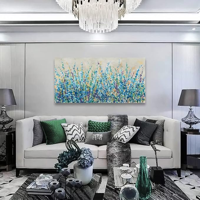 Abstract Floral Canvas Wall Art,Teal Botanical Canvas Pictures Blue Leaf Blossom Spring Painting Wall Decor for Living Room Bedroom Kitchen Home Office Decoration Framed 24"X48"