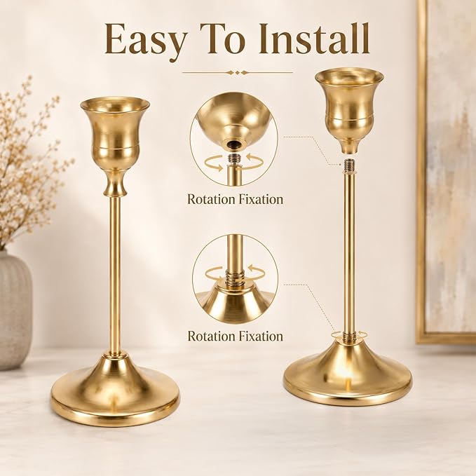 12 Pcs Brass Gold Taper Candle Holders Set, Tall Taper Candlestick Holders Vintage Metal Candle Stick Holder for Wedding Party Table Centerpiece Festive Christmas Mantel Decoration, Gold