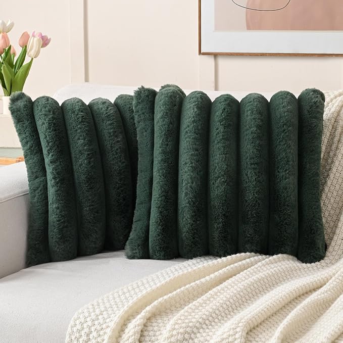 HAUSSY Pack of 2 Pillow Covers 24x24 Inch, Faux Fur Decorative Couch Throw Pillows Soft Striped Plush Cushion Covers Home Decor Cute Furry Pillowcase for Living Room Sofa Bed, Dark Grey (Covers Only)