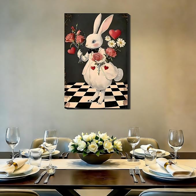 RIBNTAK Miss Rabbit with Rose Large Easter Wall Art 20x30, Sweet Spring Bunny Painting Canvas Prints for Mantle Decor, Bunny Pictures for Living Room, Kitchen, Holiday Home Decoration