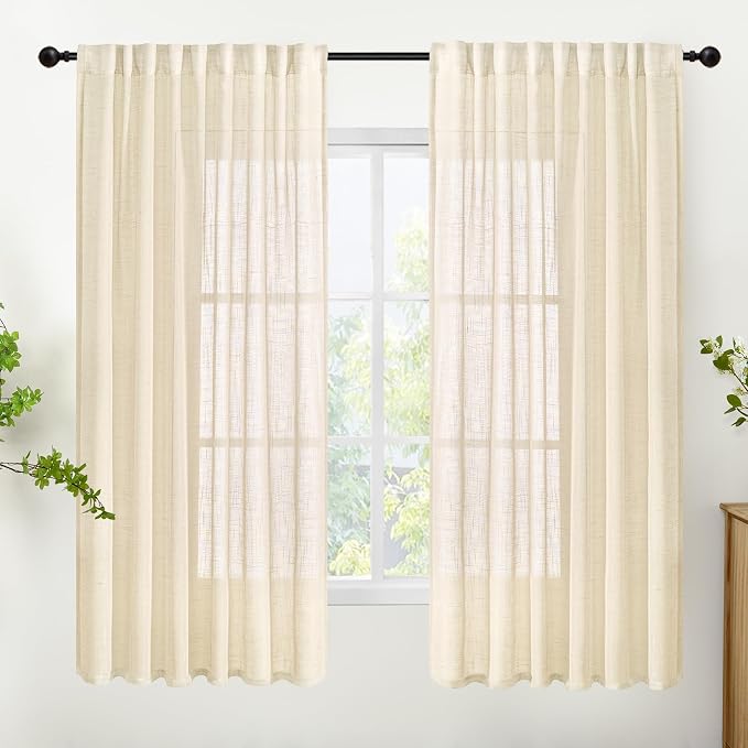 YoungsTex Beige Linen Semi Sheer Curtains 68 Inch Length 2 Panels | Light Filtering Drapes Textured with Rod Pocket Back Tab for Bedroom Living Room Window Lightweight, 2 Panels, 52 X 68 Inch