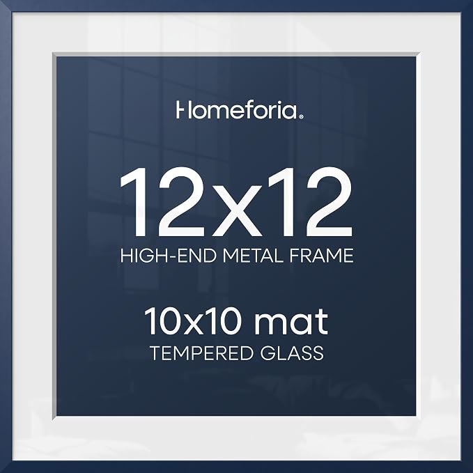 Homeforia 12x12 Blue Picture Frame, High-End Metal, 10x10 Mat, Glass