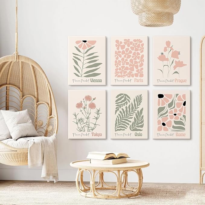 Baccone Boho Botanical Wall Art Prints Blush Pink Canvas Wall Decor Flower Market Wall Art Poster Abstract Aesthetic Pictures Pink Floral Artwork for Room Bedroom Set of 6 12x16 Inch Wrapped Canvas