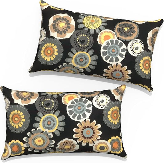 Outdoor Lumbar Pillow Covers 12”x20”, Rectangle Throw Pillow Covers for Patio Furniture, Decorative Lumbar Cushion Case for Garden Balcony Couch Office Chair, Pack of 2,Black Yellow Crosby