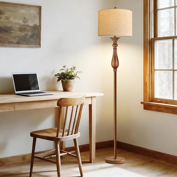ILLMTW Wood Floor Lamp for Living Room,Bedroom,Vintage Mid Century Modern Standing Lamp with Remote Dimmable,Boho Gold Tall Lamp Fabric Lamp Shade Floor Lights Bohemian Tiffany Style