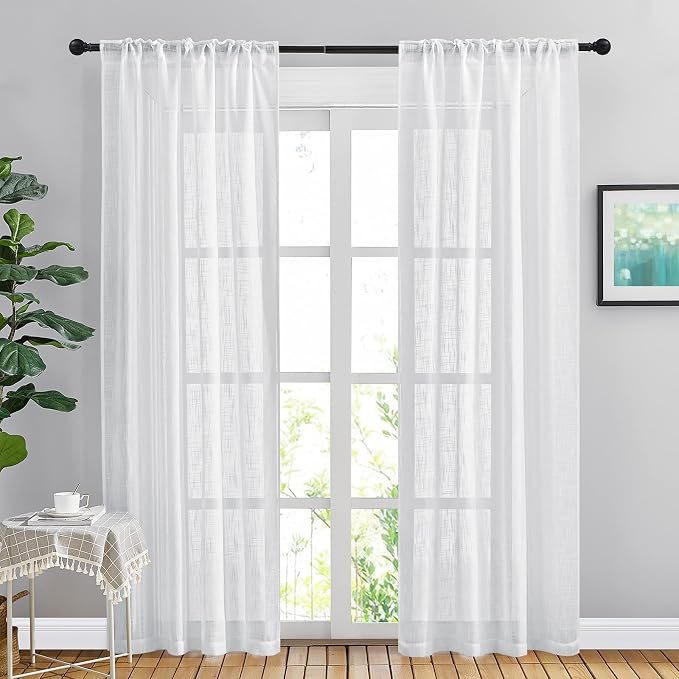 NICETOWN White Curtains 84 inches Long for Living Room, Rod Pocket & Back Tab Semi Sheer Linen Curtains Vertical Drapes Privacy with Light Through for Hall/Villa, 42" W x 84" L, 2 Panels
