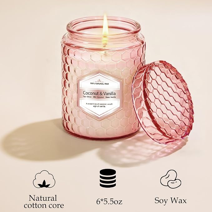 Scented Candles 6-Pack 5.5oz, Natural Soy Wax Pink Jar Gift Set | Scented Candles Gifts Sets for Women Birthday Christmas, Natural Aromatherapy Candles for Spa, Relaxation, Home Décor