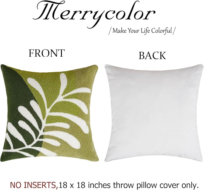 Merrycolor Boho Decorative Throw Pillow Covers 18x18 Tufted Green Decorative Pillows Covers Leaf Mid Century Modern Throw Pillows for Bed Couch Sofa Living Room 1PC （Green and White ）