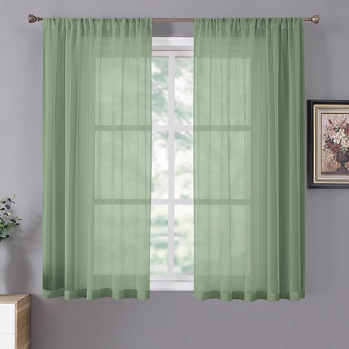 Tollpiz Sheer Curtains Linen Textured Living Room Curtain Sheers Light Filtering Rod Pocket Voile Curtains for Bedroom, 42 x 63 inches Long, Sage Green, Set of 2 Panels