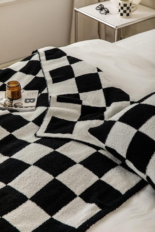 Ultra Soft Cozy Buffalo Checkerboard Grid Fluffy Microfiber Knitted Throw Blanket Lightweight Checkered Bed Blanket for Sofa Couch Bed Black 51"X63"