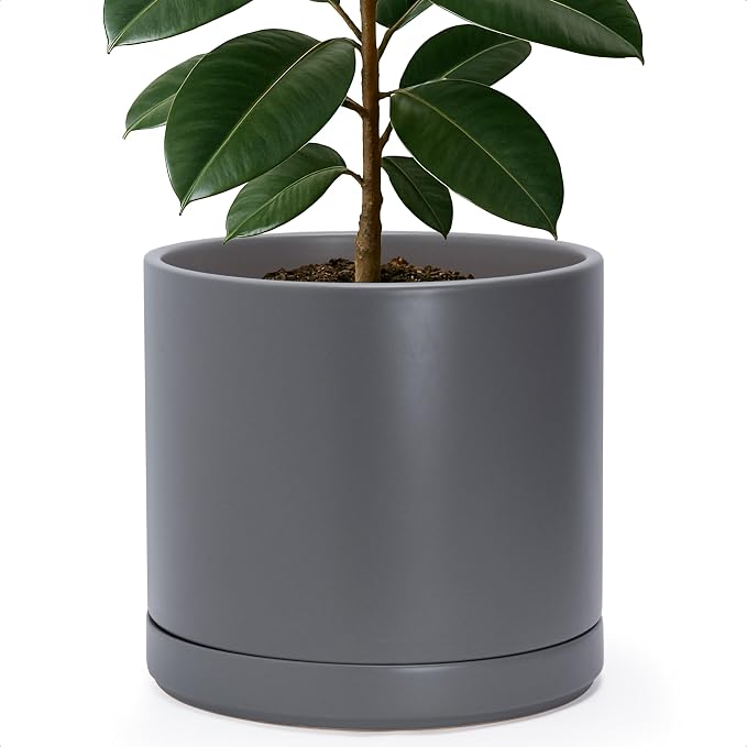 D'vine Dev 14 Inch Ceramic Planter Pot, Grey, 94-O-G-3 | Modern Cylinder Design, Drainage Hole & Saucer Included, Stable Structure, Elegant Home Accent