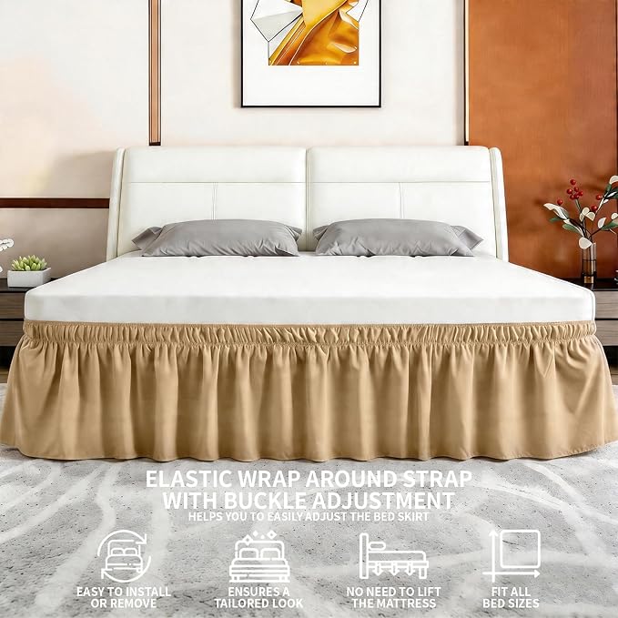 ANARACHON Twin Bed Skirt, Elastic Wrap Around Bed Skirt Twin Size, Bed Skirts for Adjustable Bed, Easy Fit with 14" Drop Length Tailored Drop Dust Ruffle (Gold)
