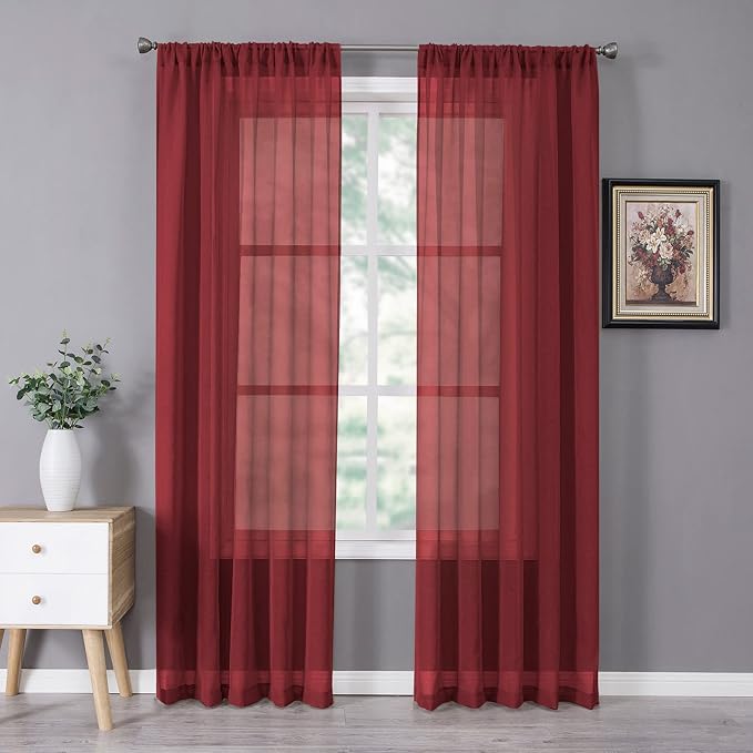 Tollpiz Sheer Curtains Bedroom Linen Textured Curtain Sheers Light Filtering Voile Rod Pocket Curtains for Living Room, 38 x 84 inches Long, Burgundy Red, Set of 2 Panels