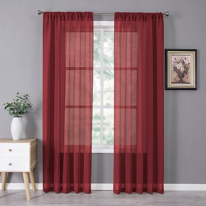 Tollpiz Sheer Curtain Linen Textured Living Room Curtains Sheer Light Filtering Rod Pocket Voile Curtain for Bedroom, 54 x 72 inches Long, Burgundy Red, Set of 2 Panels