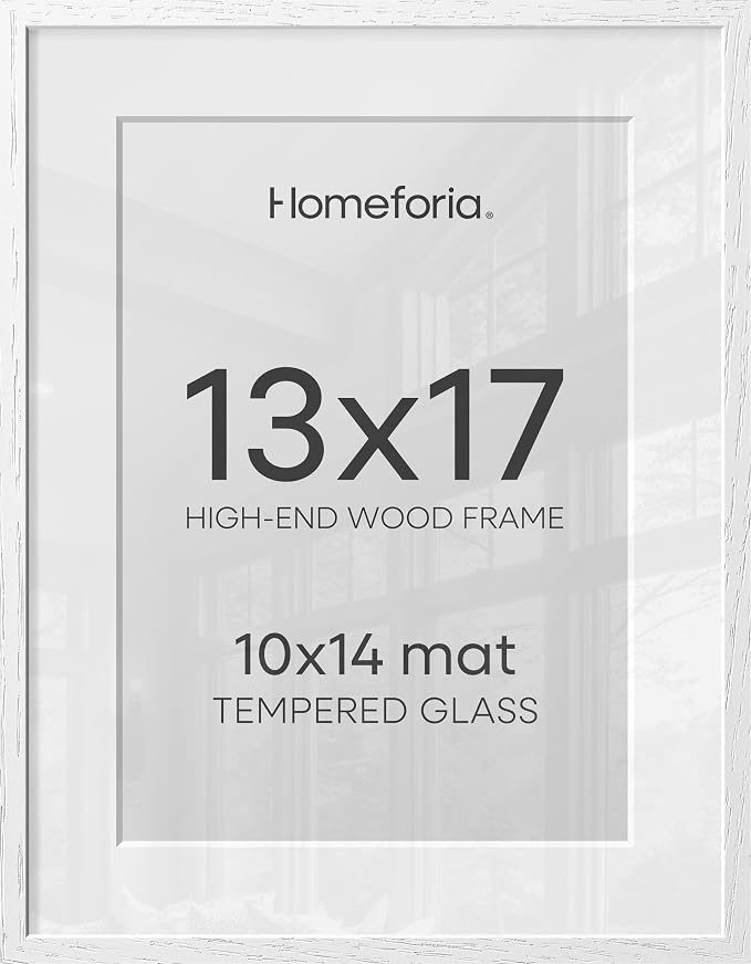Homeforia 13x17 White Oak Picture Frame, High-End Wood, 10x14 Mat, Glass