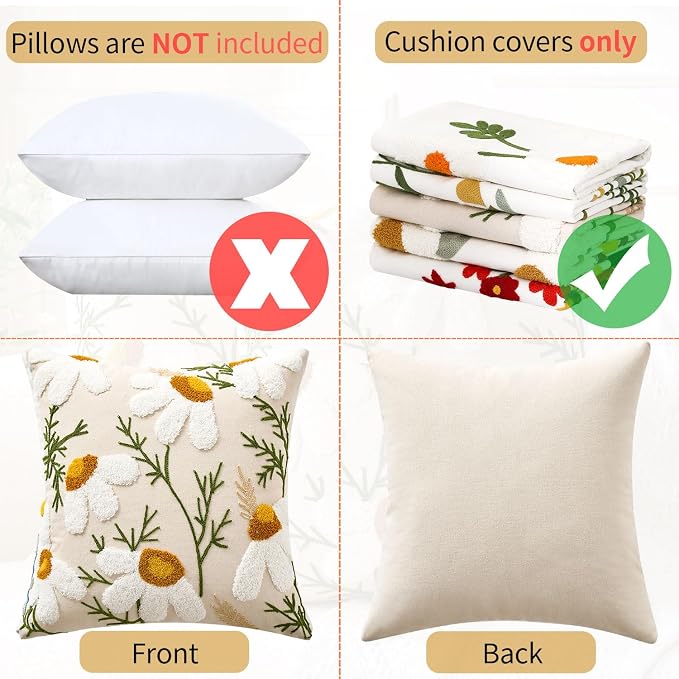 Embroidered Throw Pillow Covers Boho Farmhouse Daisy Tufted Pillow Covers Floral Decorative Couch PillowCases 18x18 Cottagecore Square Cushion Cover Set of 2 for Living Room Couch Sofa Bed Home Decor