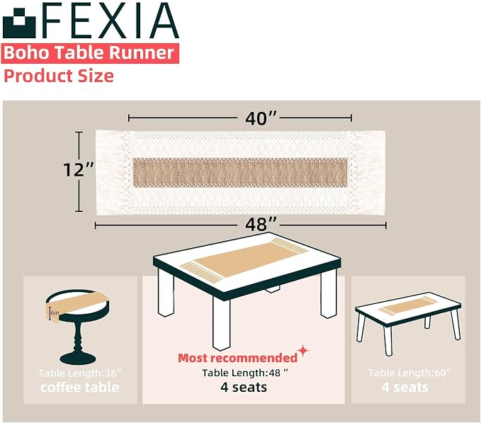 FEXIA Boho Table Runner for Fall Home Decor 12x48 Rustic with Tassels | 48 Inches Long Farmhouse Kitchen Dining Room Macrame Burlap Coffee Table Decoration Dresser Runner Pottery Barn Furniture