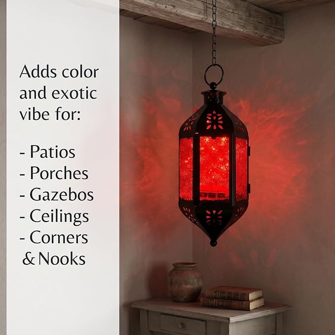 Vela Lanterns Hanging Moroccan Lantern with LED Twinkle Fairy Lights - Exotic Decorative Patio & Porch Decor, Indoor Outdoor Candle Lamp Holder with Chain (13" Large, Red Glass)