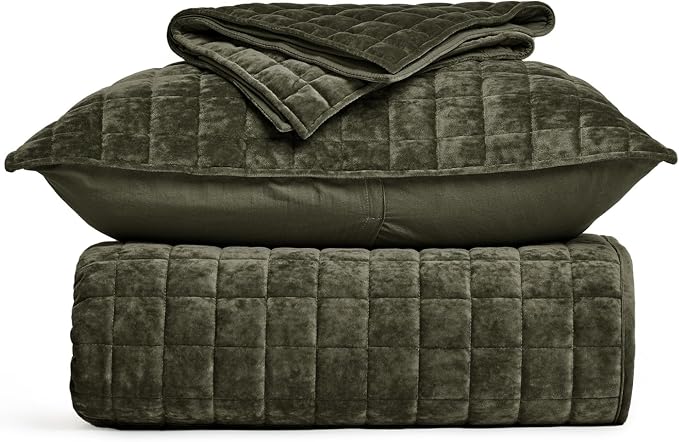 RECYCO Velvet Quilt Set, Oversized California King 118"x106", Olive Green | Channel Box Stitch Velvet Comforter Set, Ultra Soft Lightweight Bedspread Coverlet, All Season Bedding Set, with 2 Shams