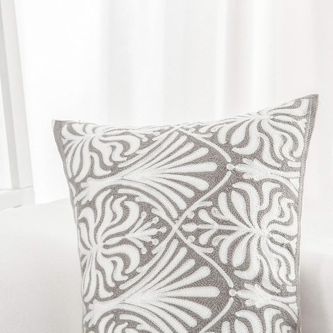 HWY 50 Grey Gray Decorative Lumbar Pillow Cover Rectangle 12x20 Inch (1 Piece), Embroidered Cotton Farmhouse Cushion Cover Pillow Case for Sofa Couch Living Room Bed, Minimalist Floral