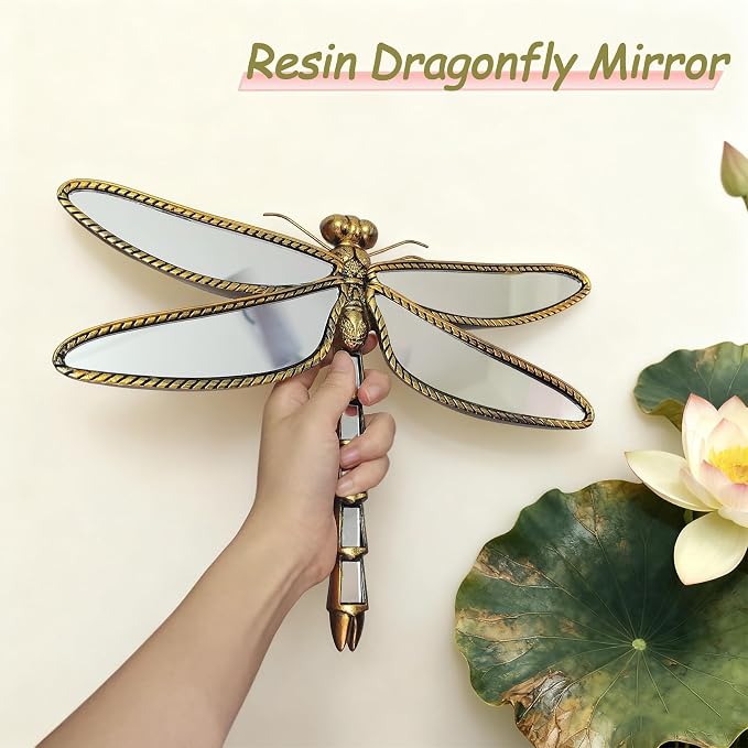 Golden Dragonfly Wall Mirror, Vintage Resin Dragonfly Mirror Wall Decor | Decorative Dragonfly Mirror Wall Sculpture, Insect Mirror Wall Decor, Wall Mounted Decor for Living Room Bedroom and Entryway