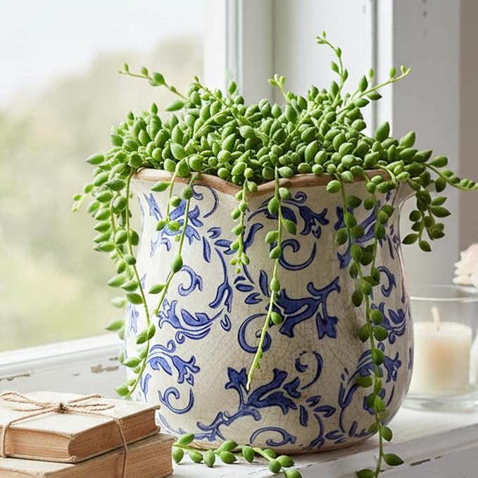 Retro Distressed Ceramic Pots, Antique Crackle Glaze Planters w/ Drainage | Blue and White Chinoiserie Pottery Vase for Indoor Outdoor Plants, Living Room Balcony Office Decor, Gardening Gifts