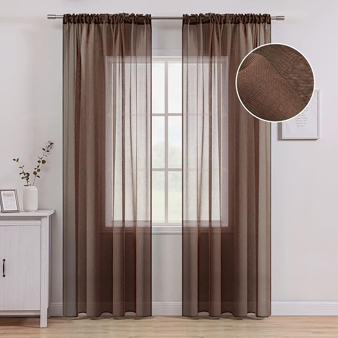 MIULEE Chocolate Brown Linen Textured Sheer Curtains 54W×108L for Bedroom | Semi Transparent, Farmhouse, Window Net Panels with Rod Pocket for Bedroom Living Room