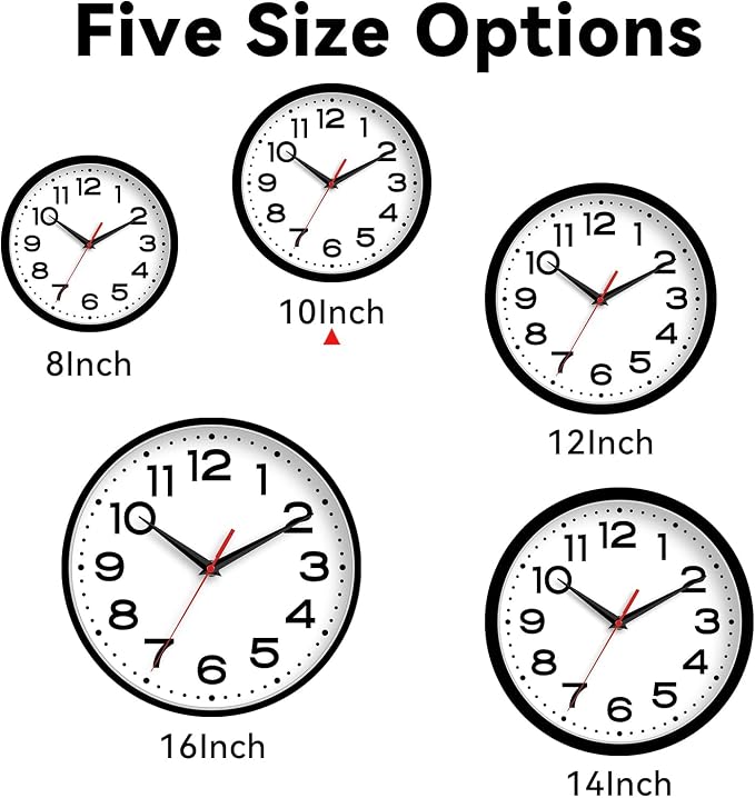 Roymnie 10 Inch Wall Clock, Battery Operated Silent Non Ticking Black | analog wall clock; bold numerals for easy reading; silent non-ticking; 1 AA battery (not included); for classroom