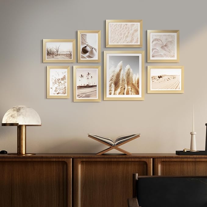 Gallery Wall Frame Set, 8 Pack Gold Picture Frames, Small | Collage Pampas Grass Prints Wall Art Decor for Living Room, Entryway, Stairway, Bedroom, Assorted Size