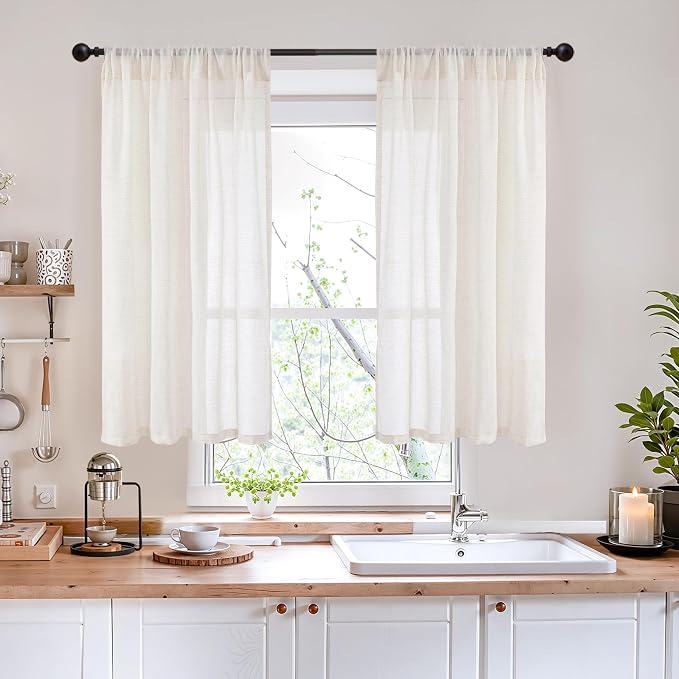 BGment Linen Curtains 42X40 Inch Length for Kitchen Window Semi Sheer | Rod Pocket Drapes Natural Light Filtering for Bedroom Bathroom Lightweight Rustic, 2 Panels Set