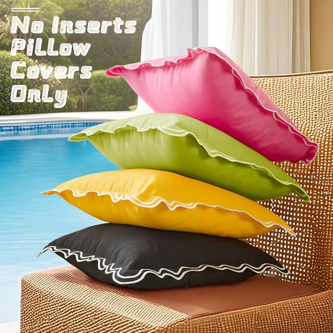 Black and White Scalloped Outdoor Lumbar Pillow Covers 12x20 Set of 2
