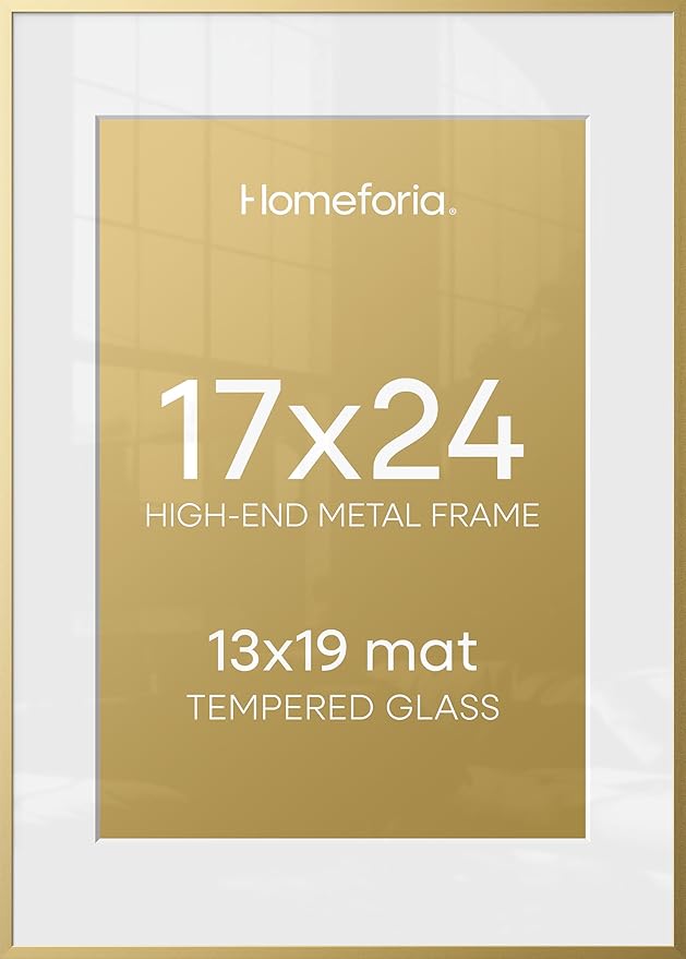 Homeforia 17x24 Gold Picture Frame, High-End Metal, 13x19 Mat, Glass