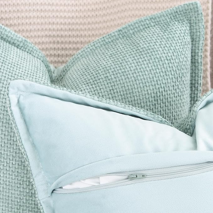 MADIZZ Decorative Chenille Velvet Throw Pillow Covers Set of 2 Soft Boho Textured Neutral Couch Throw Pillow for Bed Modern Farmhouse Home Decor for Sofa Livingroom Aqua Green 18x18 Inch
