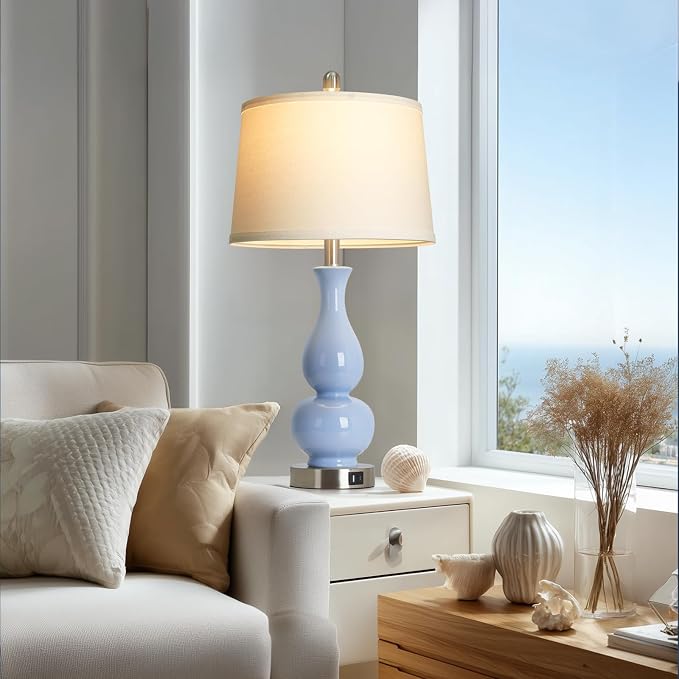 CINSARY 27" Blue Gourd Ceramic Lamps Set of 2, Coastal Ceramic Table Lamps for Living Room with USB A+C Ports, Classic Bedside Lamp for Nightstand, Tall Lamps for Bedroom Side End Table Home Decor