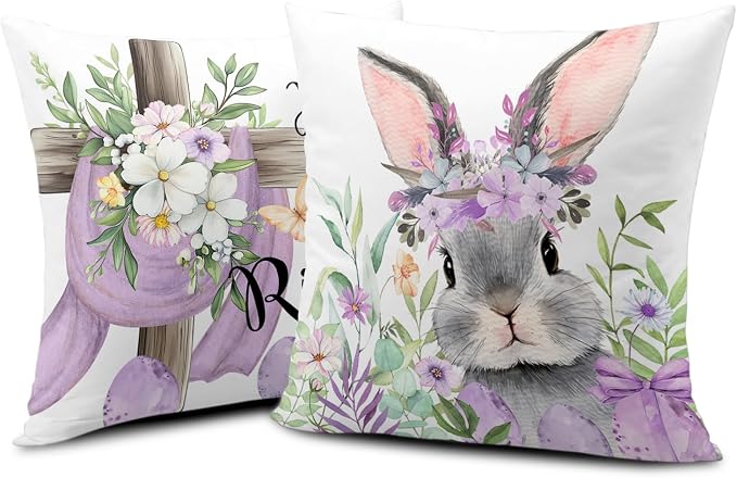 Purple Easter Bunny Pillow Covers 20x20 Inch Set of 2 Spring Decor