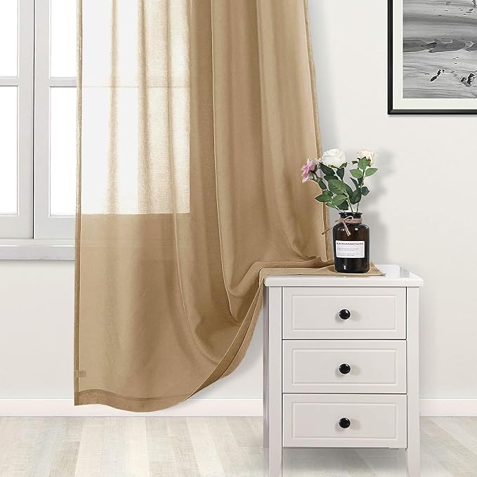 DWCN Taupe Sheer Curtains for Living Room Bedroom - Faux Linen Look Voile Drapes Grommet Top Window Curtain Panel 52 x 54 Inch Length, Set of 2 Panels